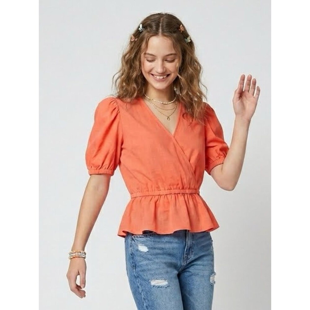 Abound Coral Orange Puff Sleeve Faux Wrap Ruffle Hem Blouse Top NWT XS